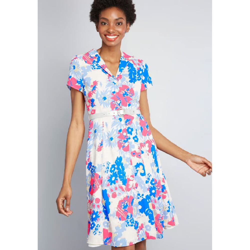 MODCLOTH Exciting Find Shirt Midi Dress Pink Blue Floral Small Retro Spring - Picture 3 of 11